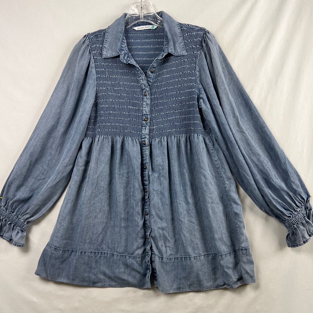 Given Kale Babydoll Mini Dress Womens Medium Blue Smocked Lyocell Tunic Top